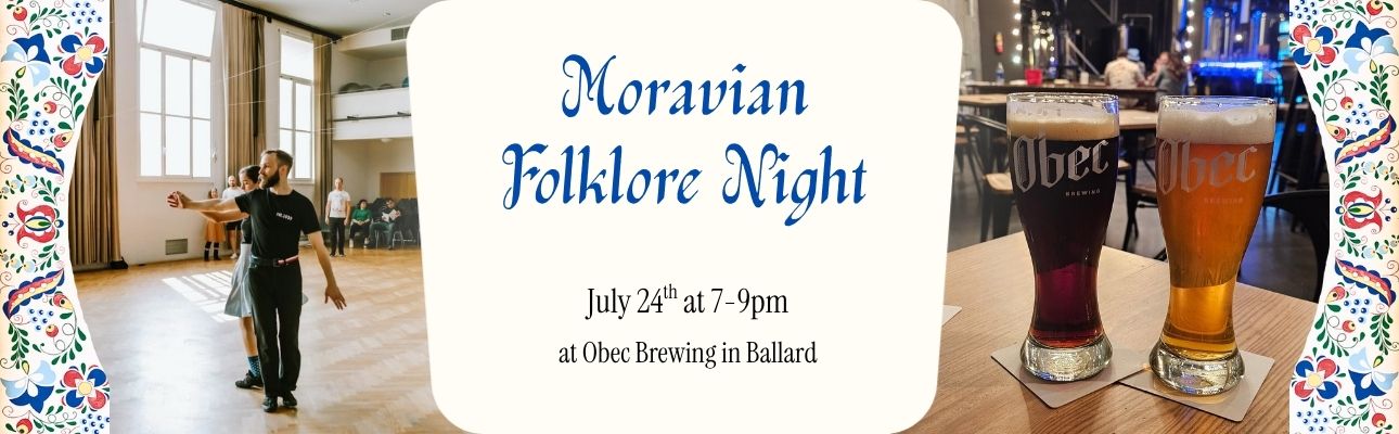 Moravian folklore night banner with dancers, beer, and timing information